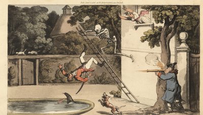 O esqueleto da Morte empurra uma escada para longe de uma parede matando um pretendente galante enquanto ele tenta fugir com uma beleza. O pai da rapariga dispara um mosquete contra o homem que cai. Placa de cobre colorida à mão desenhada e gravada por Tho de Thomas Rowlandson