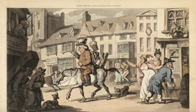 O esqueleto da Morte cavalga em um cavalo com um médico charlatão, enquanto apenas o empreiteiro da aldeia lamenta a sua morte. Placa de cobre colorida à mão desenhada e gravada por Thomas Rowlandson de The English Dance of Death, Ackermann, Londres de Thomas Rowlandson
