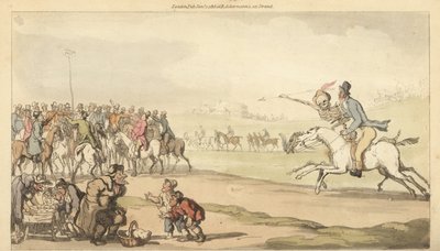 O esqueleto da Morte anda com um homem em direção ao posto de apostas em uma pista de corrida, enquanto as crianças jogam um jogo de loteria. Placa de cobre colorida à mão desenhada e gravada por Thomas Rowlandson de The English Dance of Death, Ackermann,  de Thomas Rowlandson