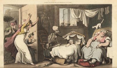 O esqueleto da Morte abala o berço de um bebê enquanto a babá dorme e a mãe desesperada chega em casa. Placa de cobre colorida à mão desenhada e gravada por Thomas Rowlandson de The English Dance of Death, Ackermann, Londres de Thomas Rowlandson