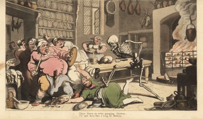 O esqueleto da Morte esfaqueia um cozinheiro gordo até à morte com um espeto segurando um frango assado. Chapa de cobre colorida à mão desenhada e gravada por Thomas Rowlandson de The English Dance of Death, Ackermann, Londres de Thomas Rowlandson