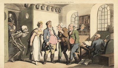 O esqueleto da Morte surpreende Ned Freeman quando ele visita o escritório do seguro, deixando sua viúva com uma enorme soma. Placa de cobre colorida à mão desenhada e gravada por Thomas Rowlandson de The English Dance of Death, Ackermann, Londres. de Thomas Rowlandson