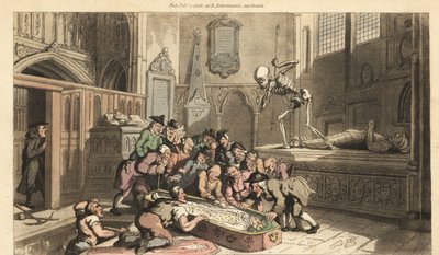 O esqueleto da Morte vê antiquários exumarem o corpo de um rei de uma cripta de uma igreja. Placa de cobre colorida à mão desenhada e gravada por Thomas Rowlandson de The English Dance of Death, Ackermann, Londres de Thomas Rowlandson
