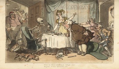 O esqueleto da Morte com dardo e ampulheta vem para o glutão enquanto ele se banqueteia no jantar. Placa de cobre colorida à mão desenhada e gravada por Thomas Rowlandson de The English Dance of Death, Ackermann, Londres de Thomas Rowlandson