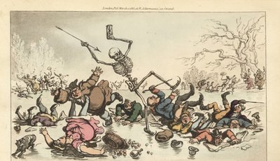 O esqueleto da Morte com dardo e ampulheta patinando em um lago congelado enquanto outros patinadores caem através do gelo quebrado. Placa de cobre colorida à mão desenhada e gravada por Thomas Rowlandson de The English Dance of Death, Ackermann, Londres. de Thomas Rowlandson