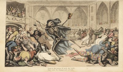 O esqueleto da Morte com seu dardo causa um motim entre os arlequins, jockeys, freiras, turcos e tolos em um baile de máscaras. Placa de cobre colorida à mão desenhada e gravada por Thomas Rowlandson de The English Dance of Death, Ackermann, Londres. de Thomas Rowlandson