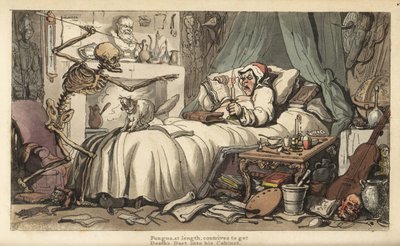 O esqueleto da Morte com o antiquário acumulado em um quarto cheio de instrumentos musicais, livros, manuscritos, armaduras, um globo, um busto, ratos, etc. Placa de cobre colorida à mão desenhada e gravada por Thomas Rowlandson de The English Dance of Dea de Thomas Rowlandson