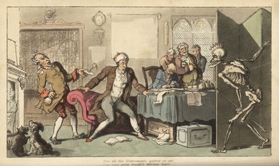 O estadista em seu escritório é surpreendido pela figura esquelética da Morte com sua coroa e dardo emergindo de trás de uma tela. Placa de cobre colorida à mão desenhada e gravada por Thomas Rowlandson de The English Dance of Death, Ackermann, Londres de Thomas Rowlandson