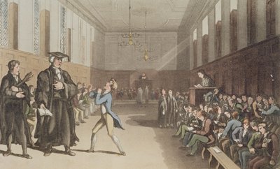 O severo preceptor, com seu aceno ameaçador, pede na sábia correção da vara, de A Compendious Treatise on Modern Education, 1802 (placa gravada colorida à mão) de Thomas Rowlandson