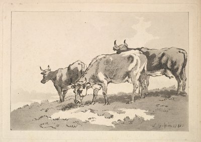 Três vacas em pé no cume de um campo, 1784-87. de Thomas Rowlandson