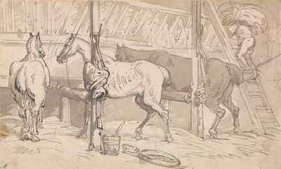 Três cavalos nos estábulos de Thomas Rowlandson