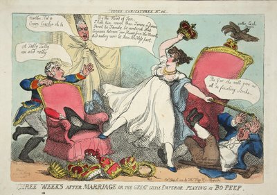 Três semanas após o casamento, ou o grande imperador jogando Bo-Peep, pub. 1810 (gravura colorida à mão) de Thomas Rowlandson