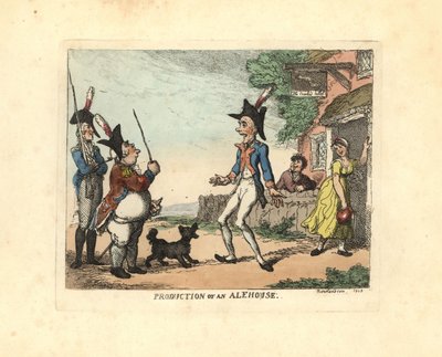 Três soldados de uniforme a desfilar à porta de uma taberna. de Thomas Rowlandson