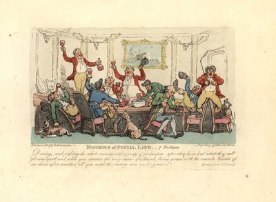 Um homem cansado e bêbado num jantar de raiva com caçadores de raposas. de Thomas Rowlandson