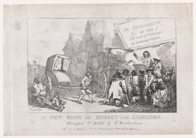 Página de rosto: Um novo livro de cavalos e carruagens, ou, o Rhedarium para a venda de todos os tipos..., 1784. de Thomas Rowlandson