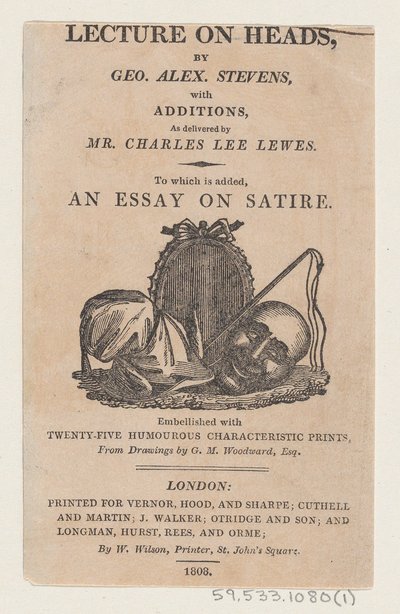 Página de rosto, de A Lecture on Heads por George Alexander Stevens, abril de 1808., abril de 1808. de Thomas Rowlandson
