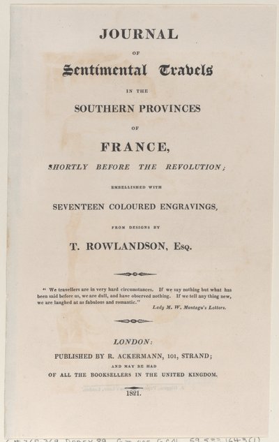 Página de rosto, do Journal of Sentimental Travels in the Southern Provinces of France, Shor..., 1821. de Thomas Rowlandson