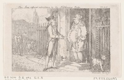 Tom Jones recusou a admissão pelo Porteiro do Nobre, de The History of Tom Jones, a F..., 1792. de Thomas Rowlandson