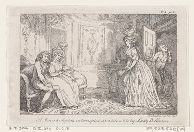 Tom Jones e Sophia interromperam em um tete a tete de Lady Bellaston, de The History of To..., 1792. de Thomas Rowlandson