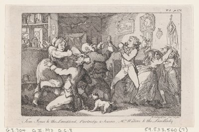 Tom Jones & the Landlord, Partridge & Susan, Mrs. Waters & the Landlady, de The History ..., 1792. de Thomas Rowlandson