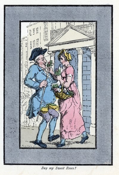 Vendedor ambulante de flores, aproximando-se de um cavalheiro sorridente com um pequeno ramo de rosas (1819). Gravura em madeira, baseada numa pintura de Thomas Rowlandson (1756-1827), publicada em The Cris of London: com seis crianças encantadoras e quase de Thomas Rowlandson