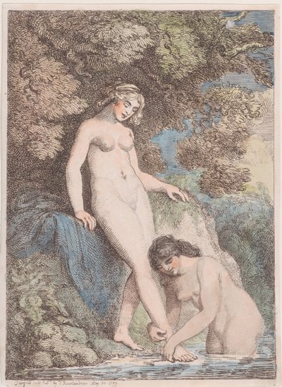Duas ninfas tomando banho, uma lavando o pé da outra, 20 de maio de 1799., 20 de maio de 1799. de Thomas Rowlandson