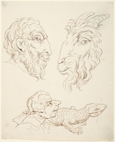 Duas caricaturas: homem e cabra, homem e lagarto de Thomas Rowlandson