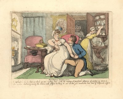 Dois amantes numa sala de estar perturbados por empregadas curiosas. de Thomas Rowlandson