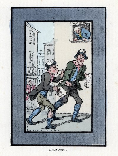 Dois vendedores de jornais com longos apitos a vender jornais numa rua de Londres. Gravura em madeira, baseada numa pintura de Thomas Rowlandson (1756-1827), publicada em The Cris of London: com seis crianças encantadoras e quase 40 ilustrações, de Andrew  de Thomas Rowlandson