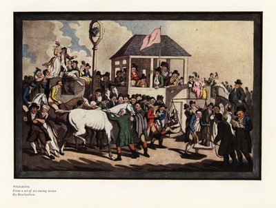 Pesar um jockey num conjunto de balanças numa pista de corrida de Thomas Rowlandson