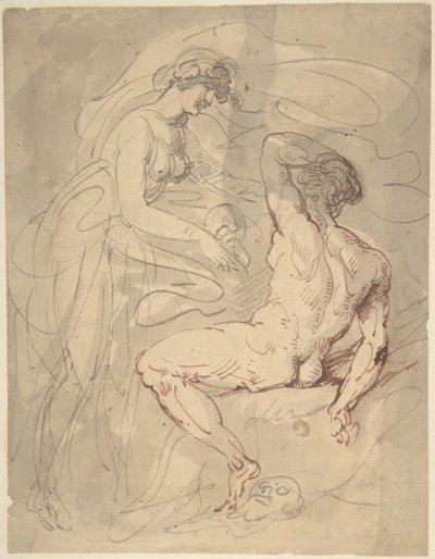Mulher a conversar com um homem nu sentado de Thomas Rowlandson