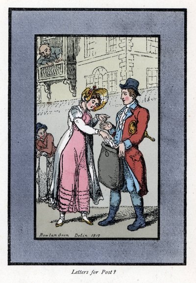 Mulher que paga e coloca uma carta num saco carregado por uma funcionária dos Correios britânicos Royal. Gravura em madeira, baseada numa pintura de Thomas Rowlandson (1756-1827), publicada em The Cris of London: com seis crianças encantadoras e quase 40 i de Thomas Rowlandson