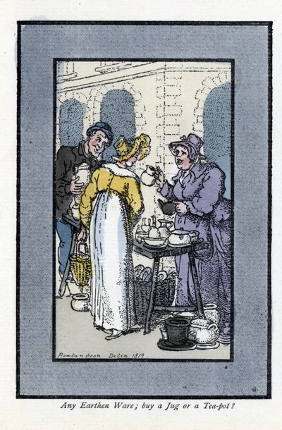 A mulher que vende jarros, bules e tigelas tem uma esquina. Uma mulher jovem e elegante olha para a mercadoria. Gravura em madeira, baseada numa pintura de Thomas Rowlandson (1756-1827), publicada em The Cris of London: com seis crianças encantadoras e qua de Thomas Rowlandson