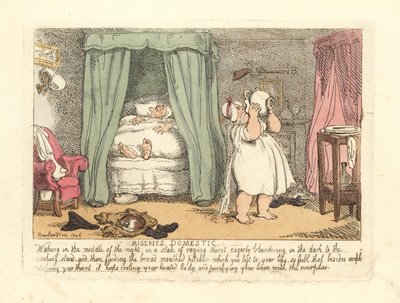 Mulher derramando um jarro de água sobre si mesma durante a noite. de Thomas Rowlandson