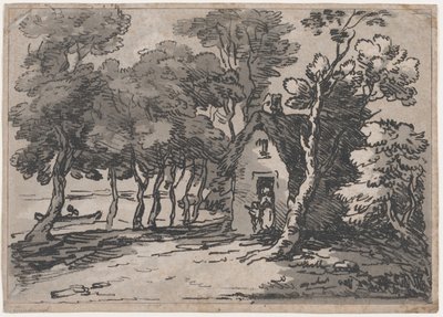 Cena arborizada com figuras na porta de uma casa de campo, 1783-88., 1783-88. de Thomas Rowlandson