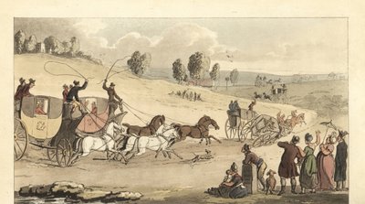 Jovens cavalheiros ingleses a correr em quatro carruagens de cavalos numa estrada de Thomas Rowlandson