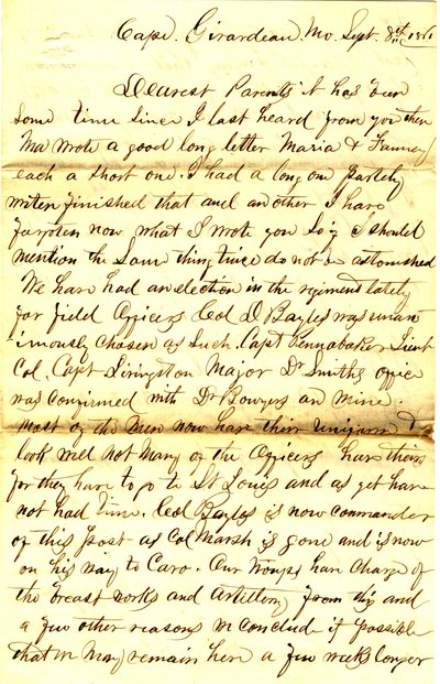 Carta assinada por T.S. Hawley, Cabo Girardeau, Missouri, aos pais, 8 de Setembro de 1861 de Thomas S. Hawley