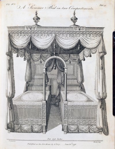 Cama de verão em dois compartimentos: placa 41, de &39;The Cabinet Maker um livro de desenho de estofador&39; por Thomas Sheraton, parte III, pub. por G. Terry, junho de 1793 (bw print) de Thomas Sheraton