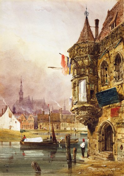 Uma figura ao lado de um prédio, Ghent, com barcaças no rio Leye além, 1833 de Thomas Shotter Boys