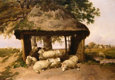 Ovelhas descansando sob um abrigo de Thomas Sidney Cooper