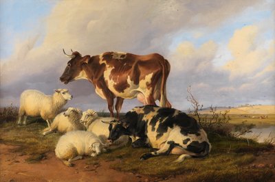 Ovelhas e gado nos pântanos (óleo sobre tela) de Thomas Sidney Cooper