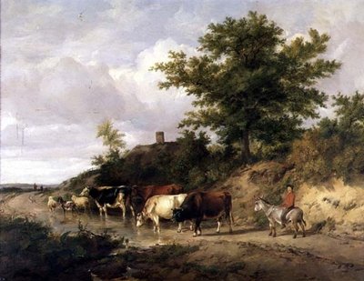 Paisagem arborizada com um menino em cima de um burro e gado em um vau de Thomas Sidney Cooper