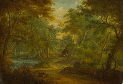 Uma paisagem arborizada com um riacho e um pescador de Thomas Smith of Derby