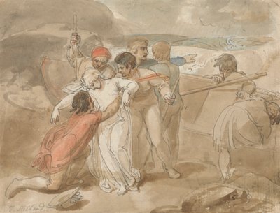 Uma mulher resgatada do mar e socorrida em terra, barco de remo e socorristas em segundo plano de Thomas Stothard