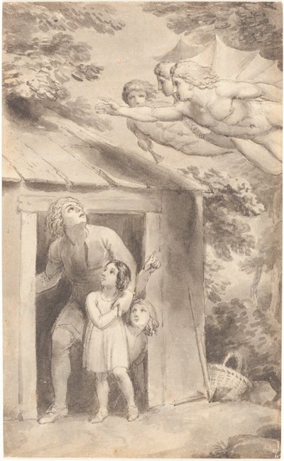 Pedro e seus filhos visitados por três figuras voadoras de Thomas Stothard