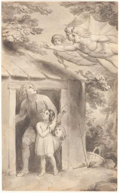 Pedro e os seus filhos visitados por três figuras voadoras de Thomas Stothard