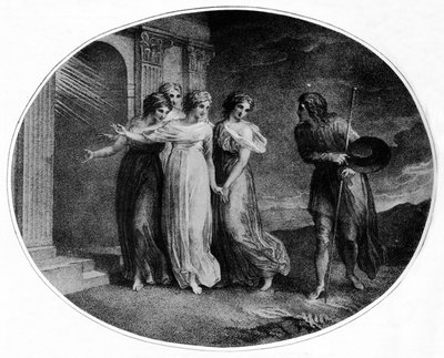 Prudência, piedade, caridade e discrição convidam Christian a entrar no palácio Beautiful, 1789, 1912 de Thomas Stothard