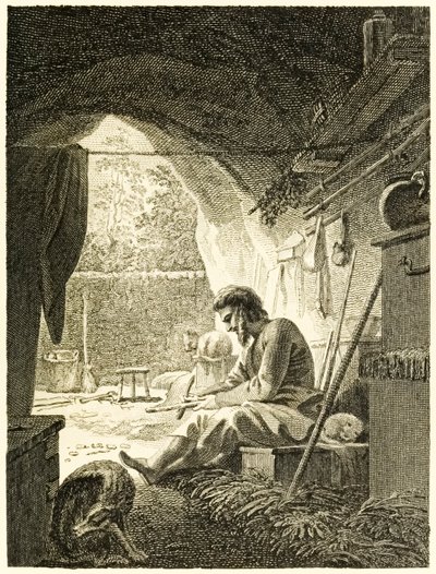 Robinson Crusoe no trabalho em sua caverna da vida e estranhas aventuras surpreendentes de Robinson Crusoé, ou York, Mariner de Daniel Defoe de Thomas Stothard