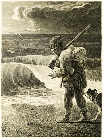 Robinson Crusoe descobre a impressão de um homem da vida e estranhas aventuras surpreendentes de Robinson Crusoé, ou York, Mariner de Daniel Defoe de Thomas Stothard