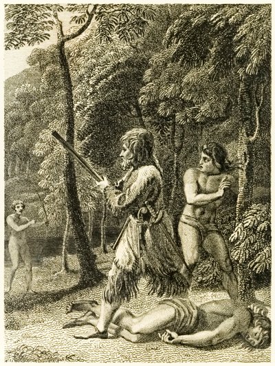 Robinson Crusoé primeiro vê e resgata seu homem na sexta-feira da vida e estranhas aventuras surpreendentes de Robinson Crusoé, ou York, Mariner de Daniel Defoe de Thomas Stothard